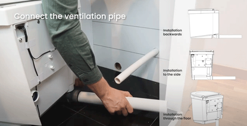 Fixer le coude à 90° livré avec le toilette à l'arrière du toilette.     Fixer le tuyau sur le coude à 90° pour vous orienter dans la bonne direction.  A la sortie du tuyau, vous pouvez vous raccorder avec le kit de ventilation pour prolonger jusqu'a 4 mètres la sortie d'air.     Ne pas oublier de mettre à la fin du circuit d'air le filtre anti-insecte fourni avec le toilette.